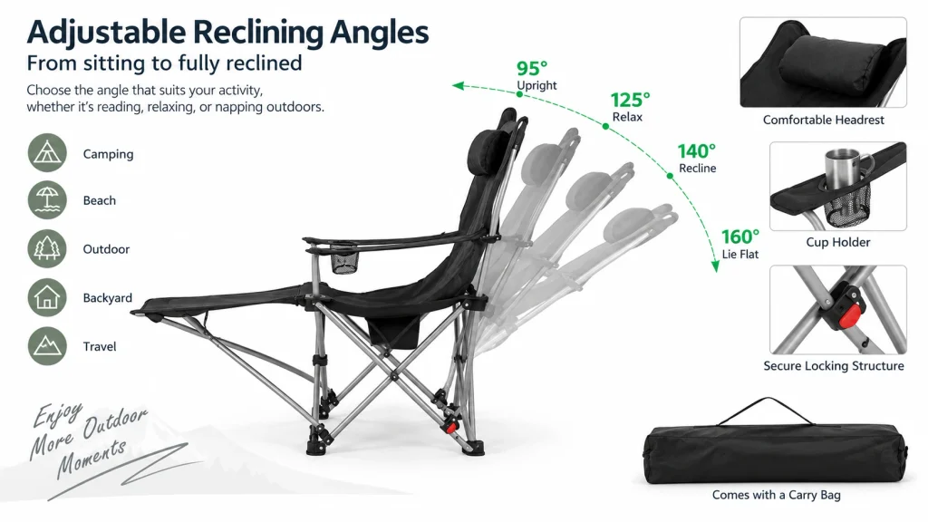 Reclining camping chair with adjustable backrest positions