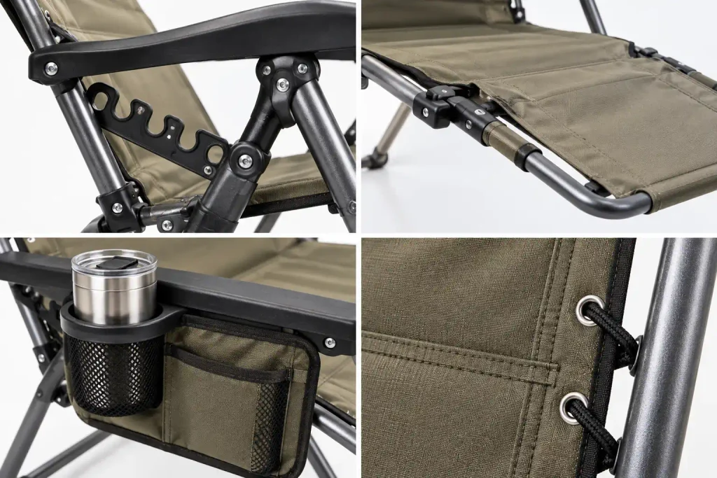 Reclining camping chair details with adjustment mechanism, footrest, cup holder, and fabric
