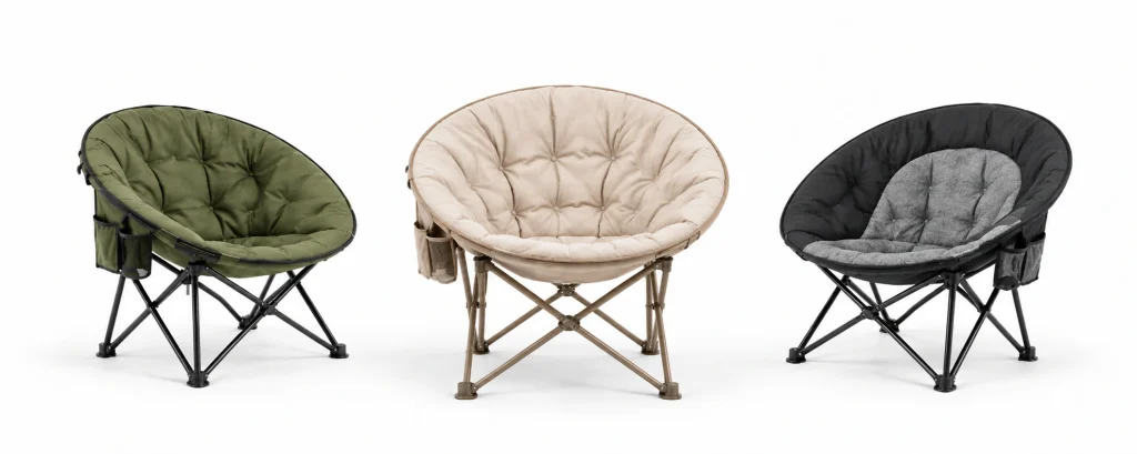 Three folding moon chairs in green, beige, and gray, showing different fabric and frame styles for outdoor use.