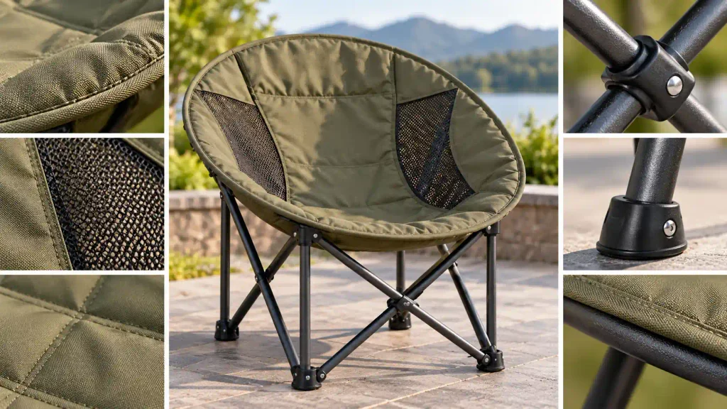 Moon chair construction details including steel frame, fabric and joints