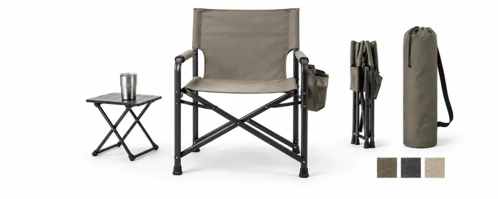 Custom outdoor director chair with folding frame, side table, carry bag and color options on a white background.