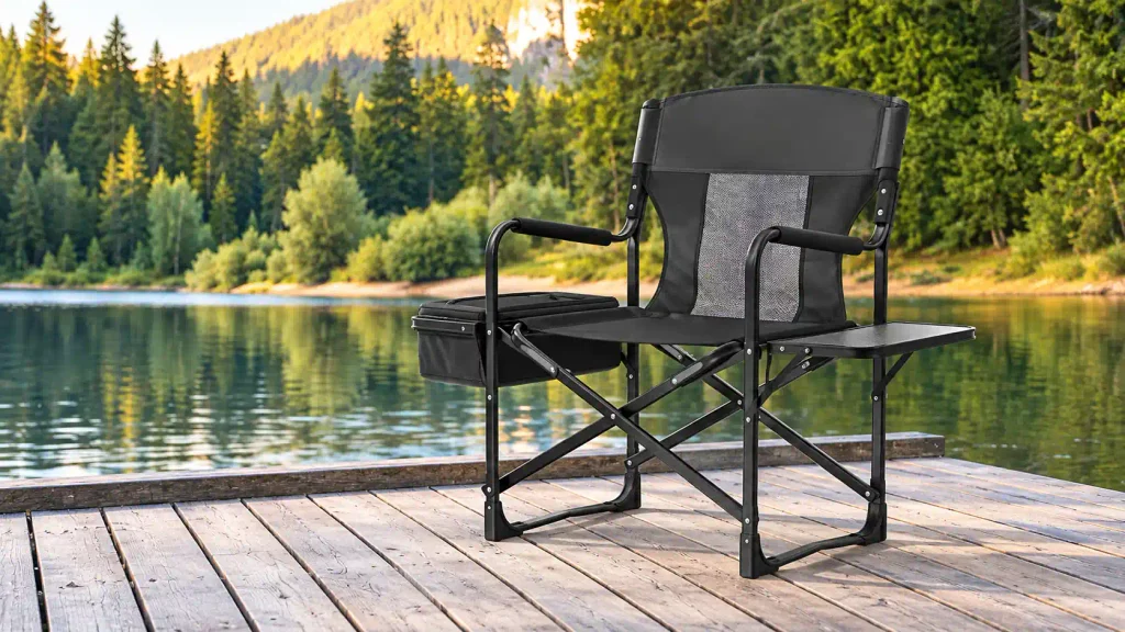 Outdoor director chair with side table and storage pouch beside a lake in a camping setting.