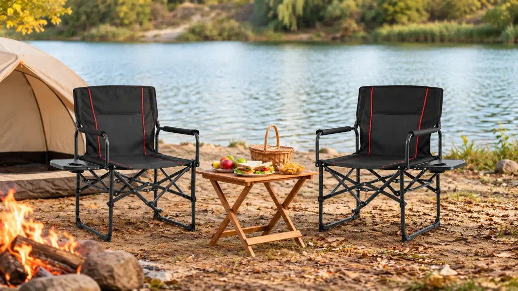 Two outdoor director chairs with side tables at a lakeside campsite beside a tent and campfire.