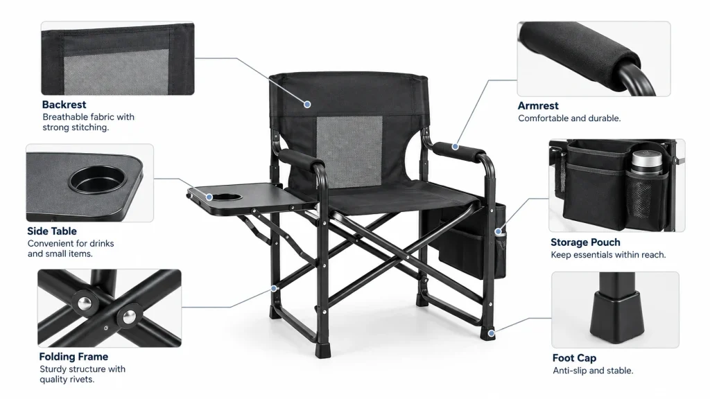 Director chair product details showing the backrest, armrest, side table, folding frame, storage pouch, and foot cap.