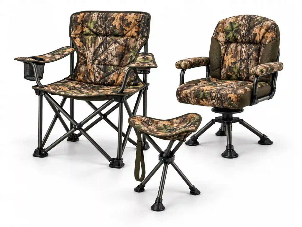 Home Three camouflage hunting chair designs, including a folding tripod stool and swivel chair