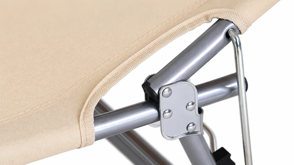 Custom beach chair frame, folding joint, rivets, and fabric stitching details