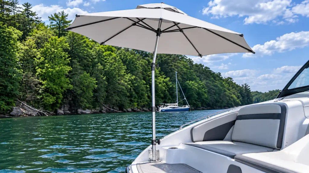White boat umbrella with metal ribs, a central support pole, and a deck-mounted base on a motorboat