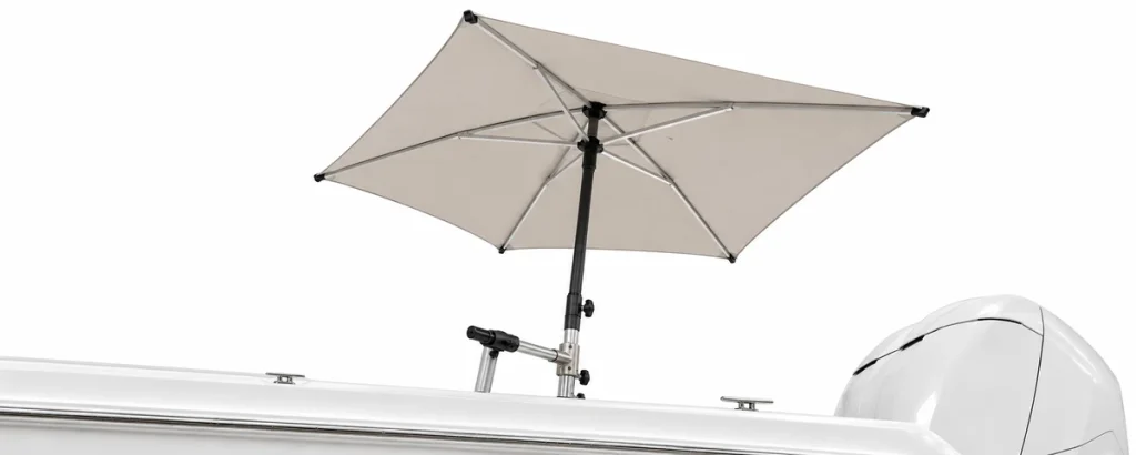 White boat umbrella providing shade on a fishing boat