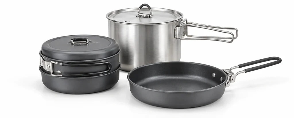 Camping Cookware Suppliers in China Camping cookware with a stainless steel pot, nesting cookset and folding-handle frying pan