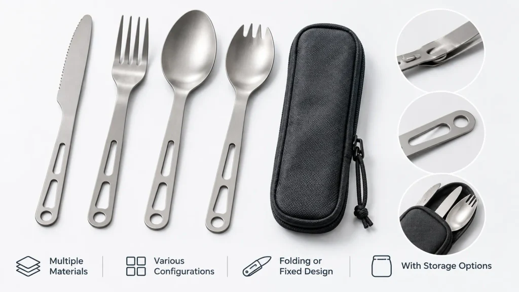 Camping cutlery set with stainless steel knife, fork, spoon, spork and storage case, showing different design and storage features.