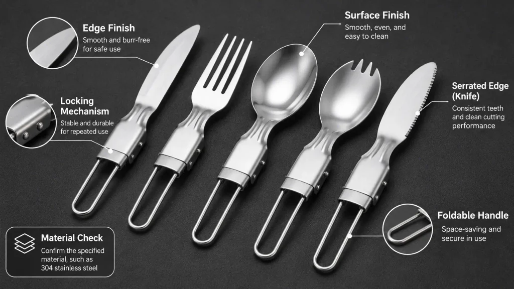 Five stainless steel camping cutlery utensils showing edge finishing, surface quality, folding mechanisms and material inspection points.