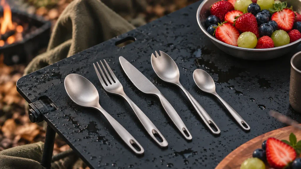 Five stainless steel camping cutlery utensils arranged on an outdoor camping table beside a bowl of fresh fruit