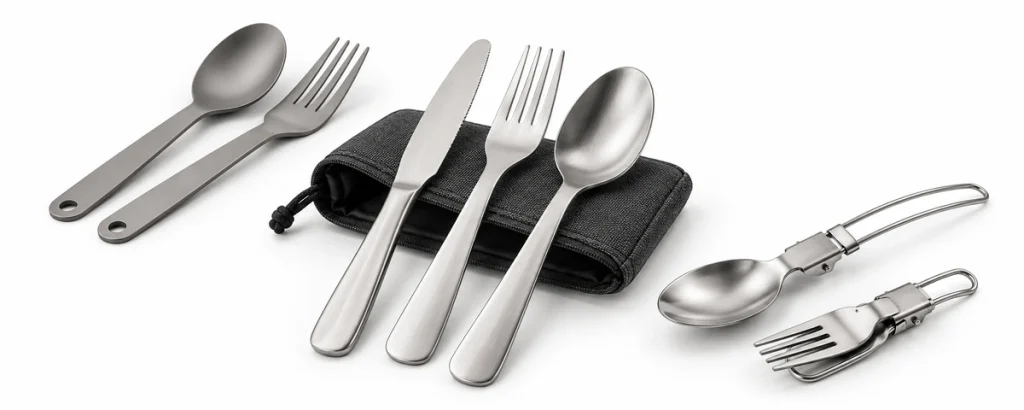 Camping cutlery set with folding knife, fork, spoon and other utensils