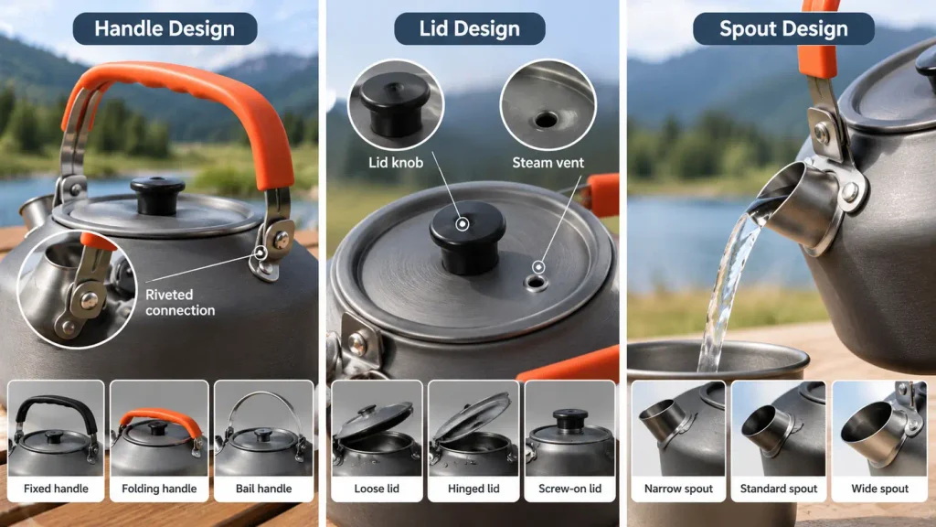 Camping Kettle Sourcing from China Camping kettle handle, lid and spout designs showing riveted connections, steam vents and different pouring options