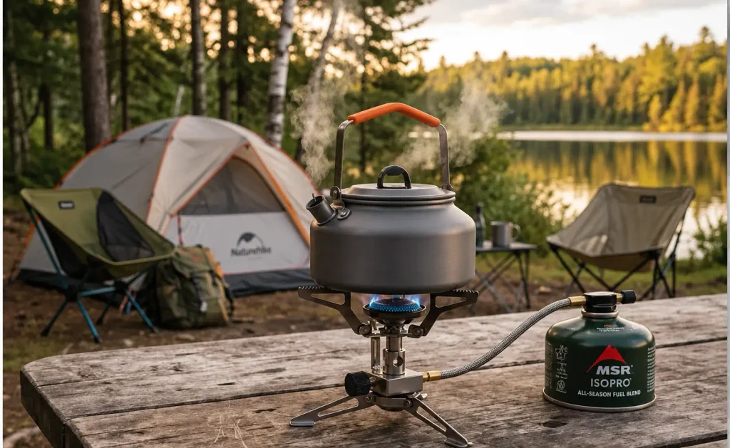 Camping Kettle Sourcing from China Metal camping kettle heating water on a portable gas stove at a lakeside campsite