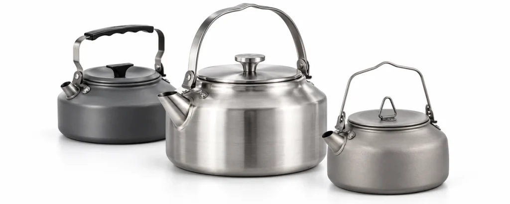 Three stainless steel camping kettles in different sizes and designs