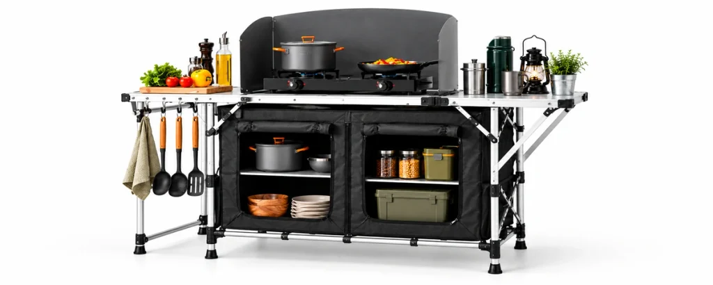 Camping kitchen table with stove, storage cabinet, side worktops, and windscreen