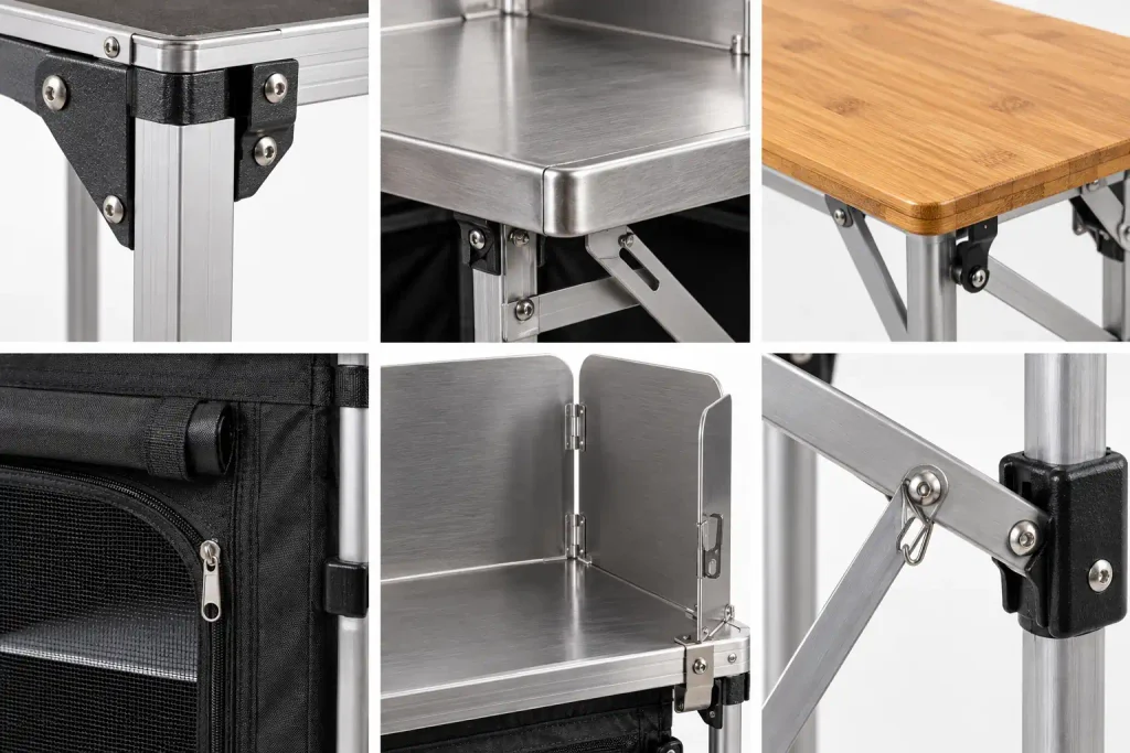 Camping kitchen table material details, worktops, fabric storage, windscreen and folding joints