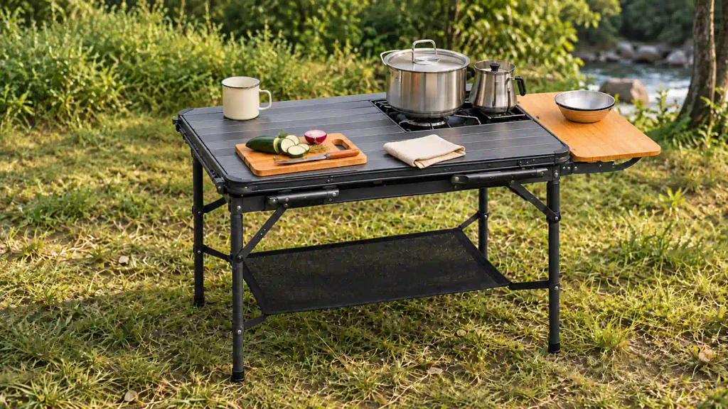 Portable camping kitchen table with stove and side worktop in an outdoor campsite