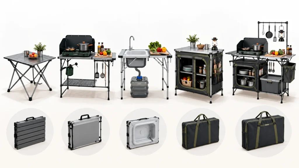 Different camping kitchen table types with stove, sink, storage, and folding designs