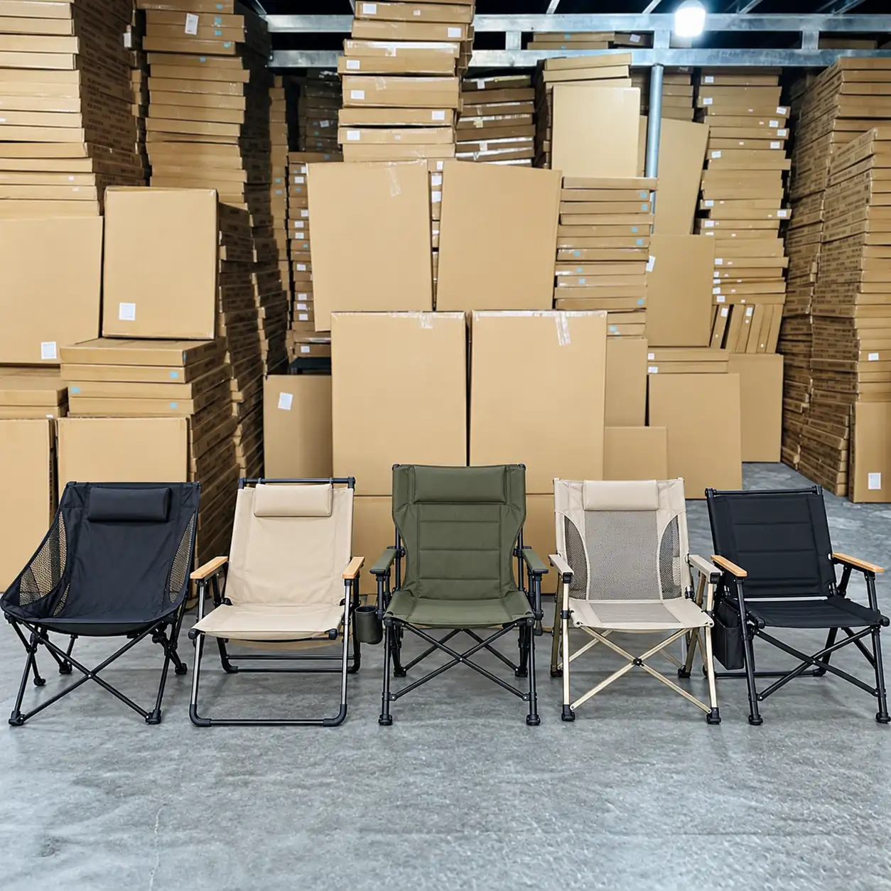 Camping furniture setup with folding chairs and tables for comparing specifications, packaging and sourcing costs