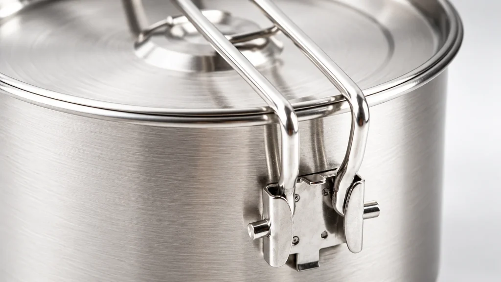 Camping Cookware Suppliers in China Close-up of stainless steel camping cookware showing folding handle joints and lid details