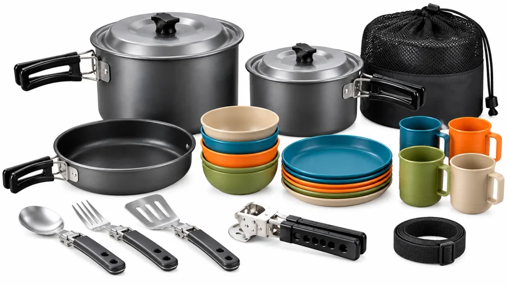 Camping Cookware Suppliers in China Camping cookware set with pots, frying pan, bowls, plates, cups, utensils and carrying bag