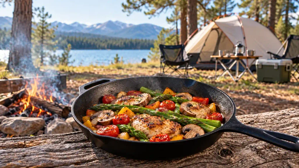 Camping Cookware Suppliers in China Camping frying pan with chicken and vegetables at a lakeside campsite