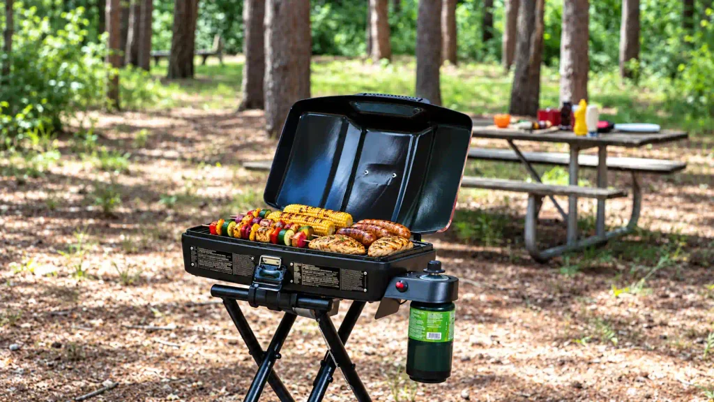 Portable gas camping grill cooking food at a woodland campsite