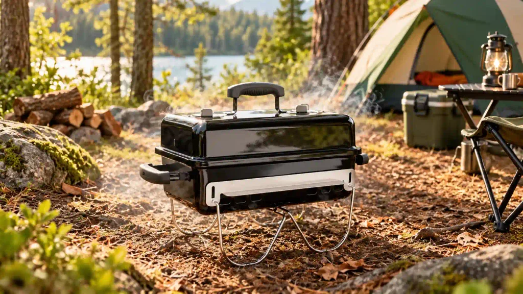 Portable camping grill with a closed lid at a lakeside campsite
