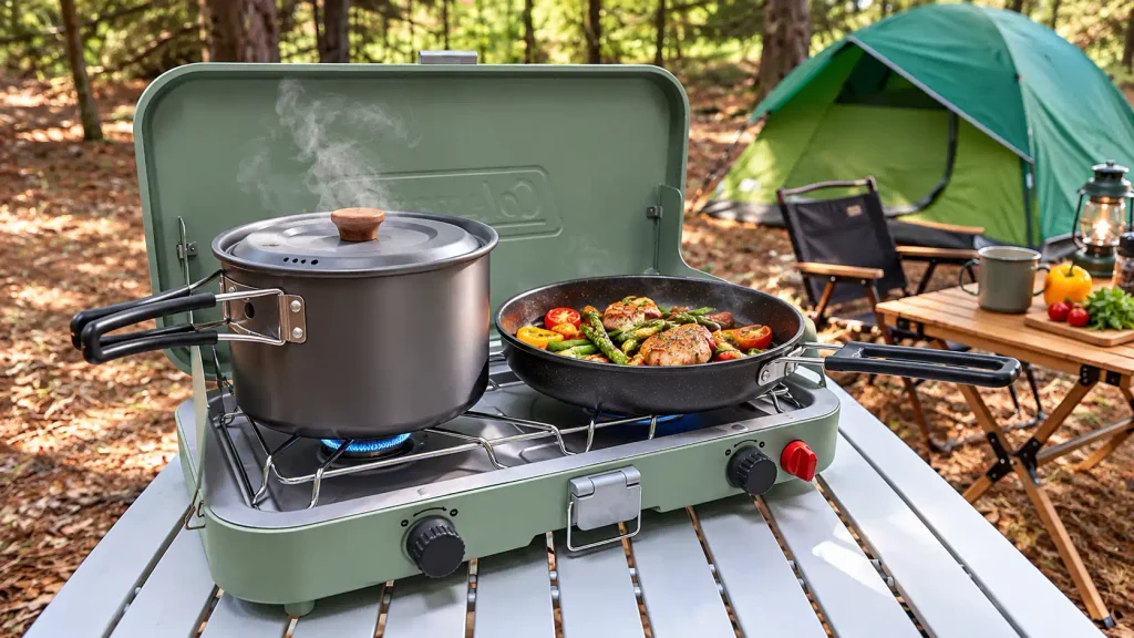 Camping Cookware Suppliers in China Camping pots and pans cooking outdoors on a portable gas stove beside a tent