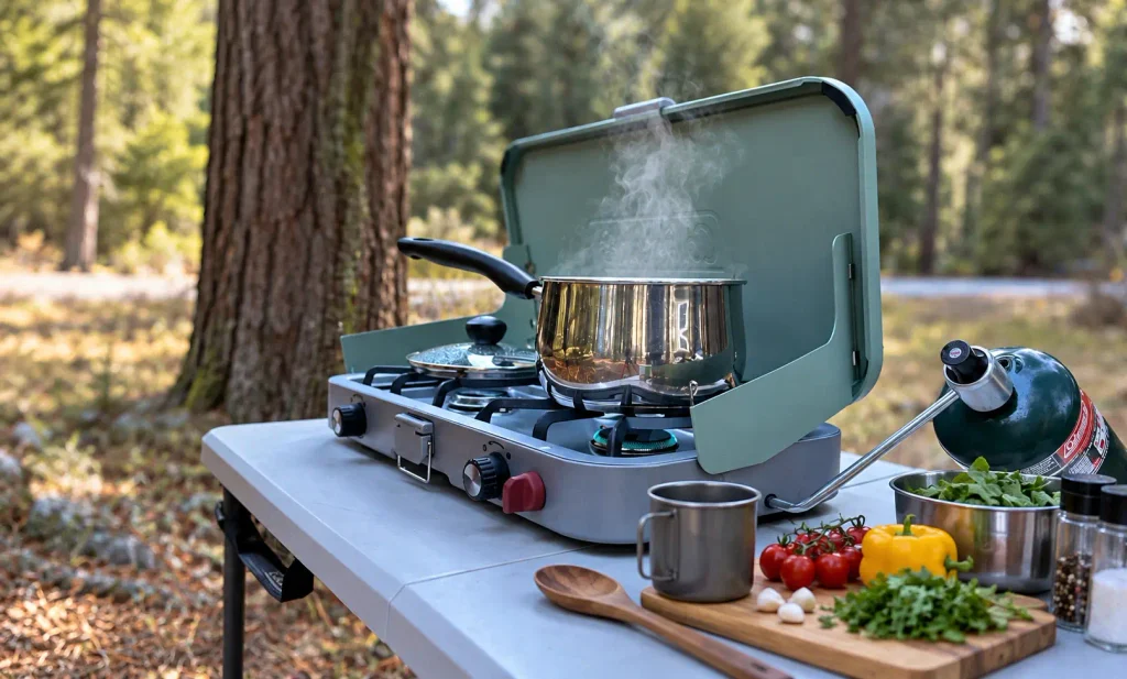 Camping Cookware Suppliers in China Camping pot boiling water on a portable gas stove at a campsite