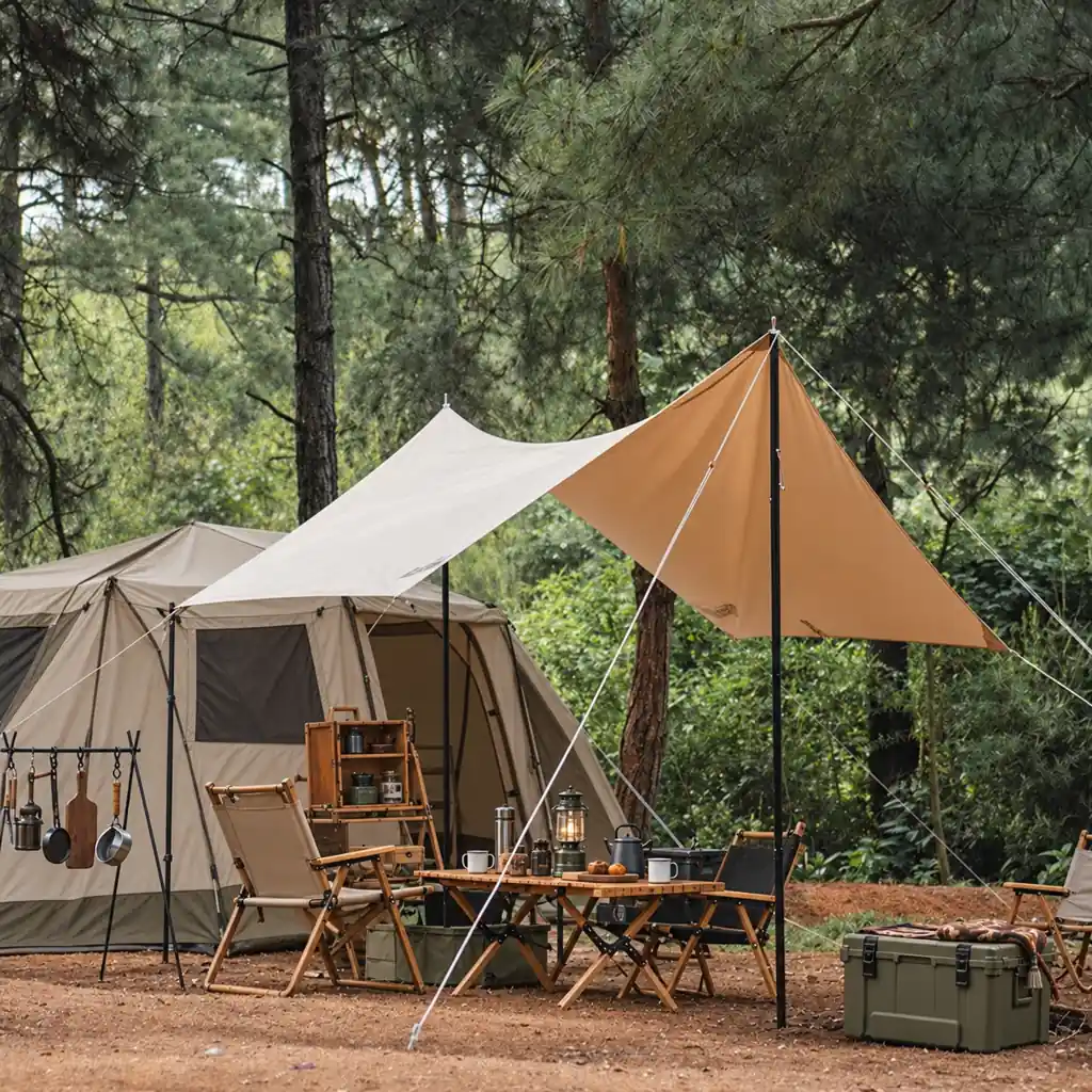 Services Outdoor camping equipment setup with a tent, canopy, folding chairs, table, and storage box