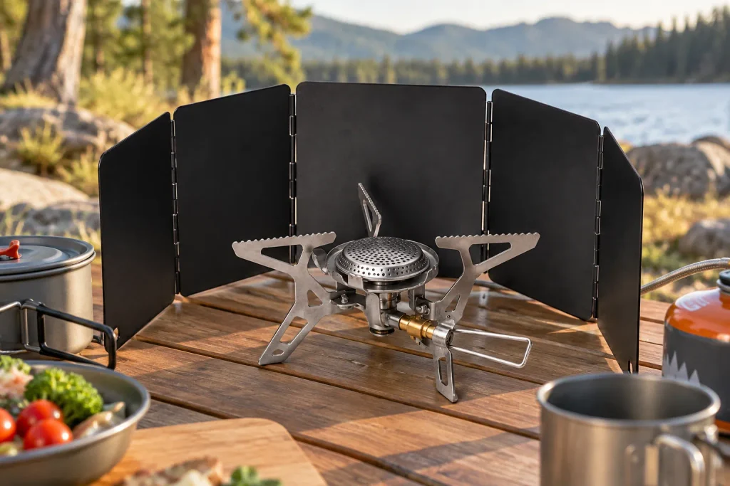 Portable gas camping stove with folding windscreen and metal pot supports