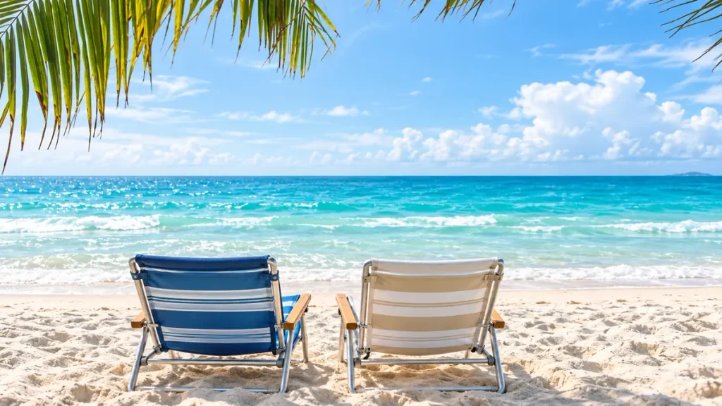 Two custom beach chairs with blue and beige striped fabric and wooden armrests facing the ocean