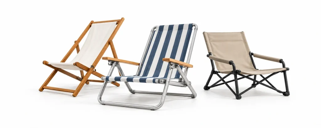 Three custom beach chairs with wooden, aluminum, and steel frames