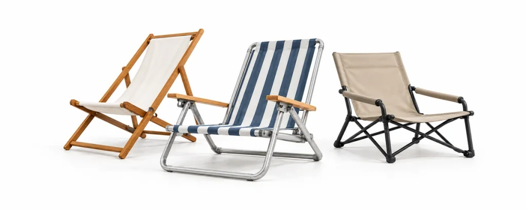 Three custom folding beach chairs with wooden and metal frames