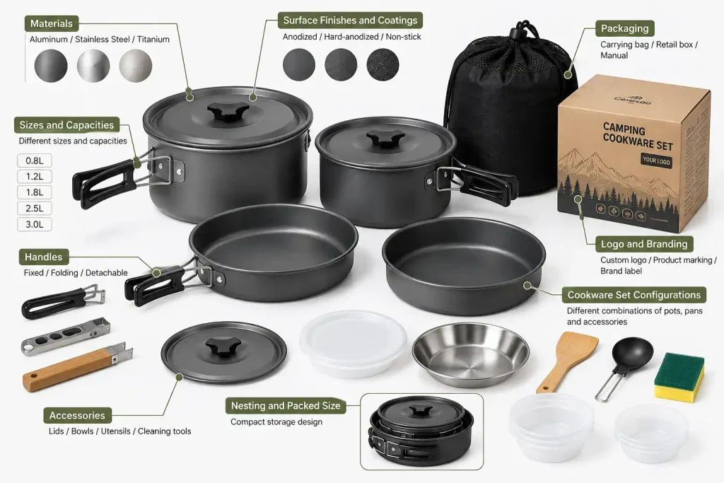 Camping Cookware Suppliers in China Custom camping cookware options showing materials, sizes, handles, cookware sets, logos and packaging