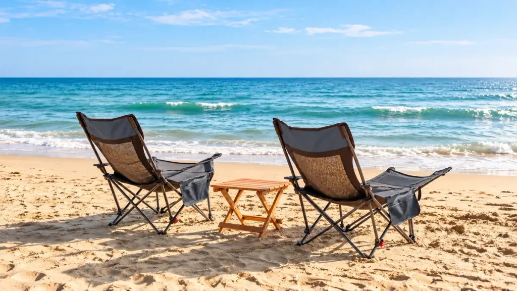 Two custom beach chairs with mesh backrests and side pockets beside a folding table on the beach