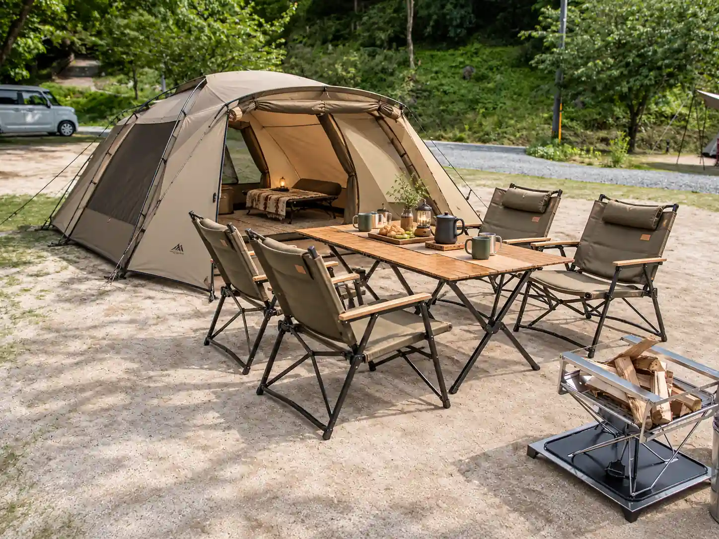Camping furniture sourcing from China with folding chairs, table and tent setup for supplier evaluation