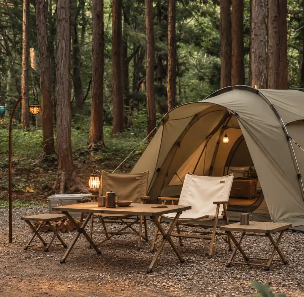 Camping furniture with folding chairs and table at a forest campsite