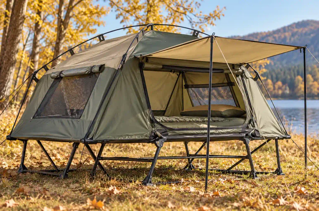 Elevated tent cot with extended awning, mesh windows, and folding metal frame