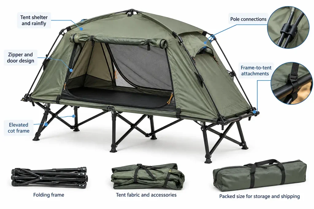 Tent cot product development showing frame, shelter, pole connections, attachments, and folding components