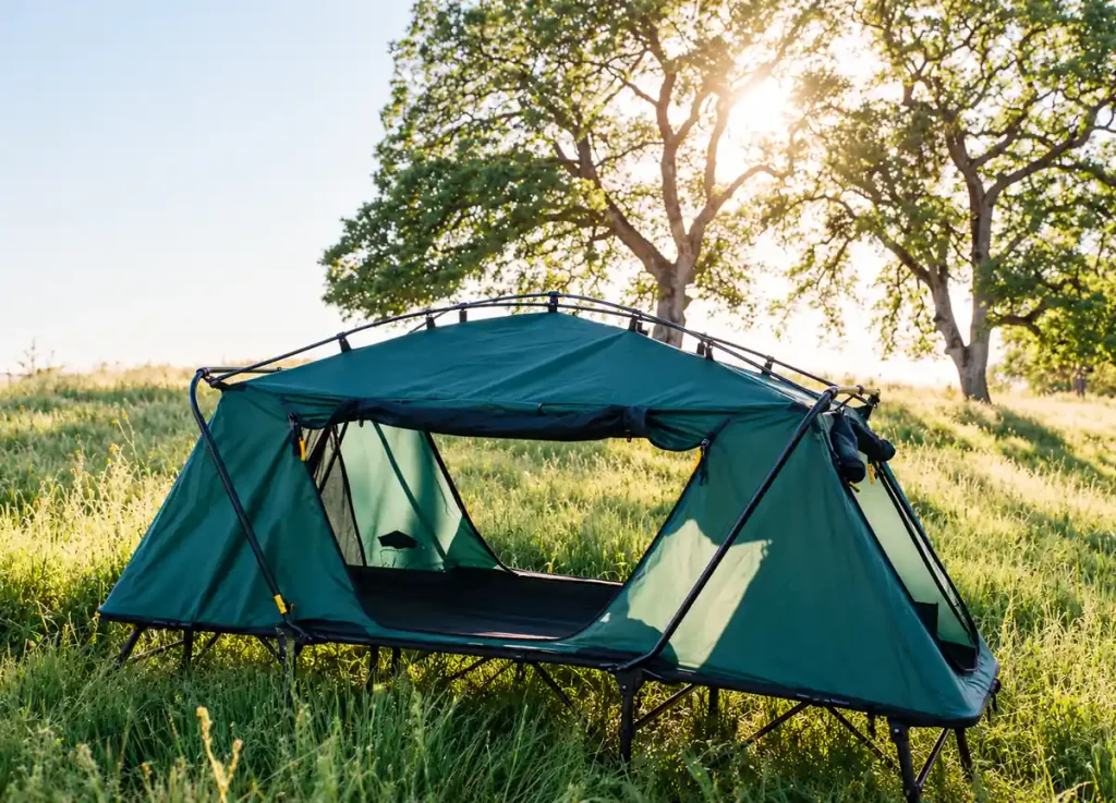 Green tent cot with elevated sleeping platform and integrated tent shelter